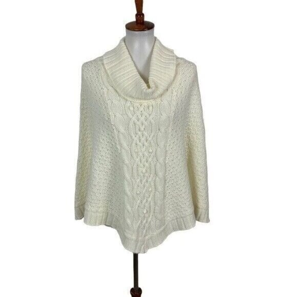 J J Basics Cream Cable Knit Cowl Neck Poncho One Size Cozy Boho Chunky Sweater - Picture 1 of 4